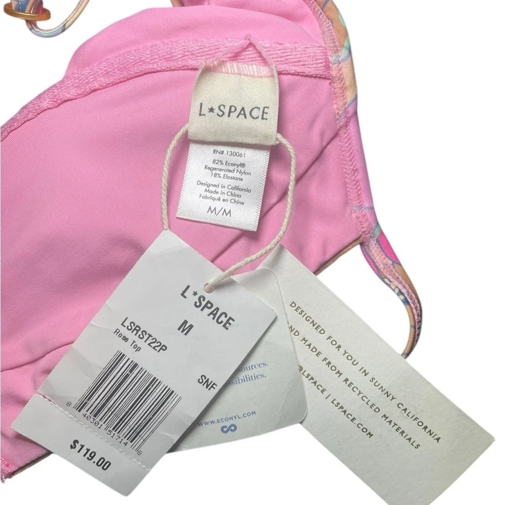 L*Space Floral Rose Bikini Top M NWT Tie Front Pink Blue Swimwear